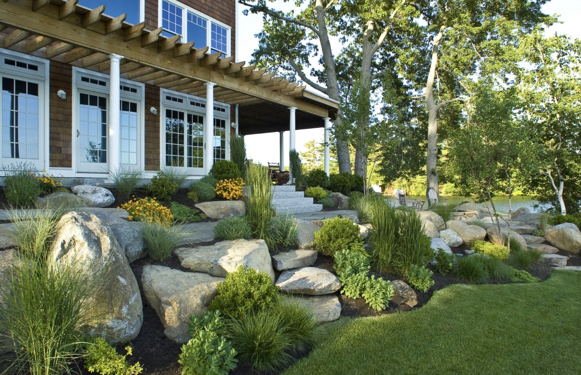 Commercial landscaping with natural stone features and professional design in Lake Forest, CA