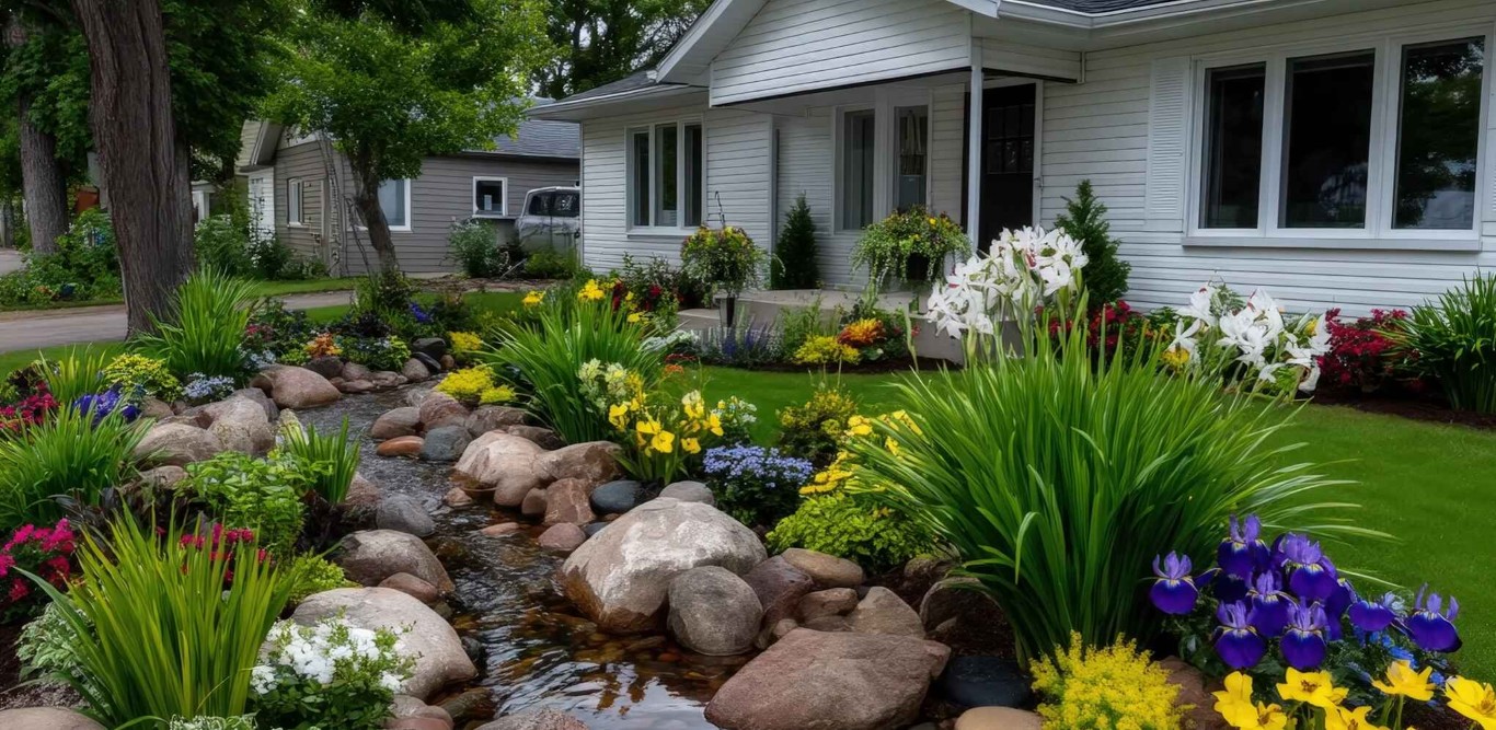 Custom landscape design featuring water feature with natural rocks and colorful flowers in Lake Forest