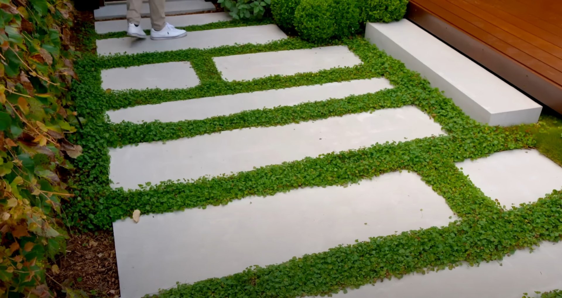 Modern pathway design with geometric patterns and ground cover