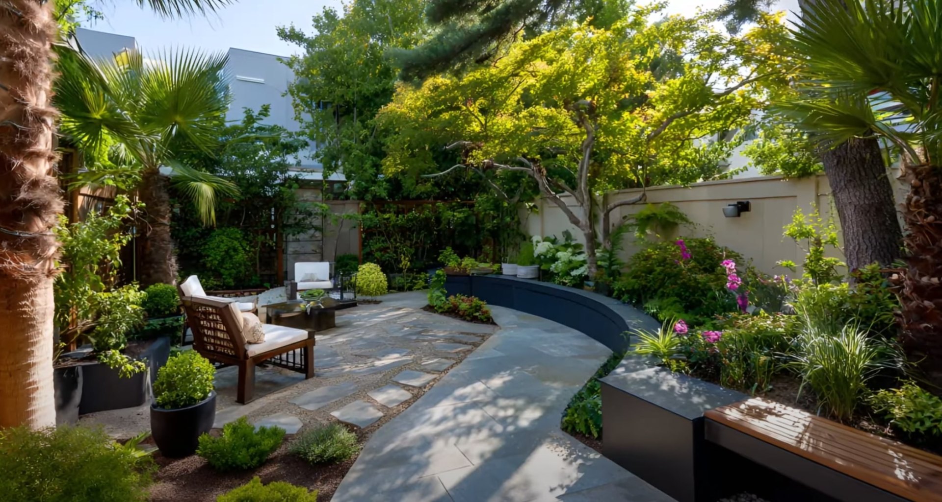 Luxury backyard with curved seating areas and mature landscaping