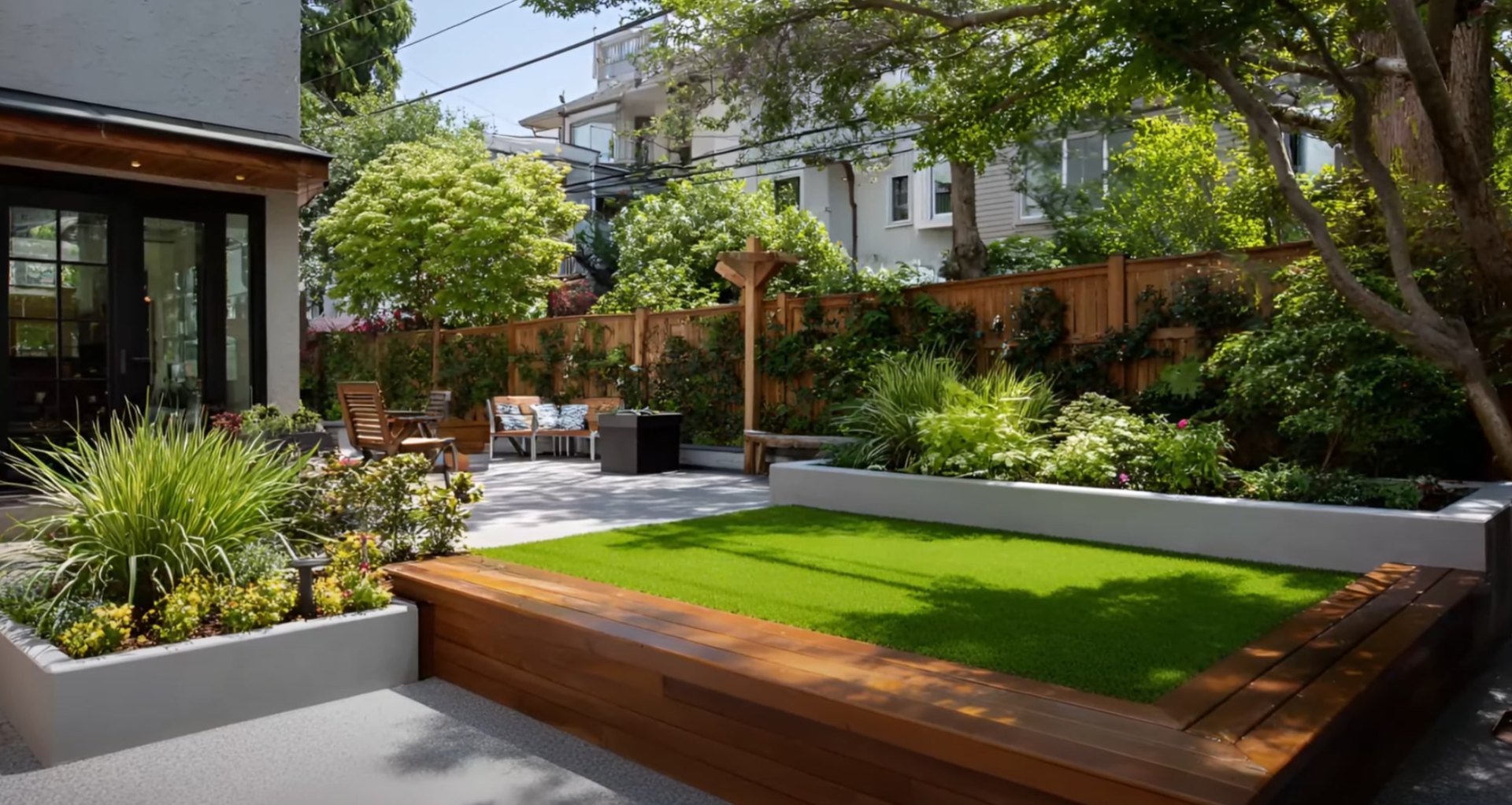 Modern outdoor living space with raised planters and seating area